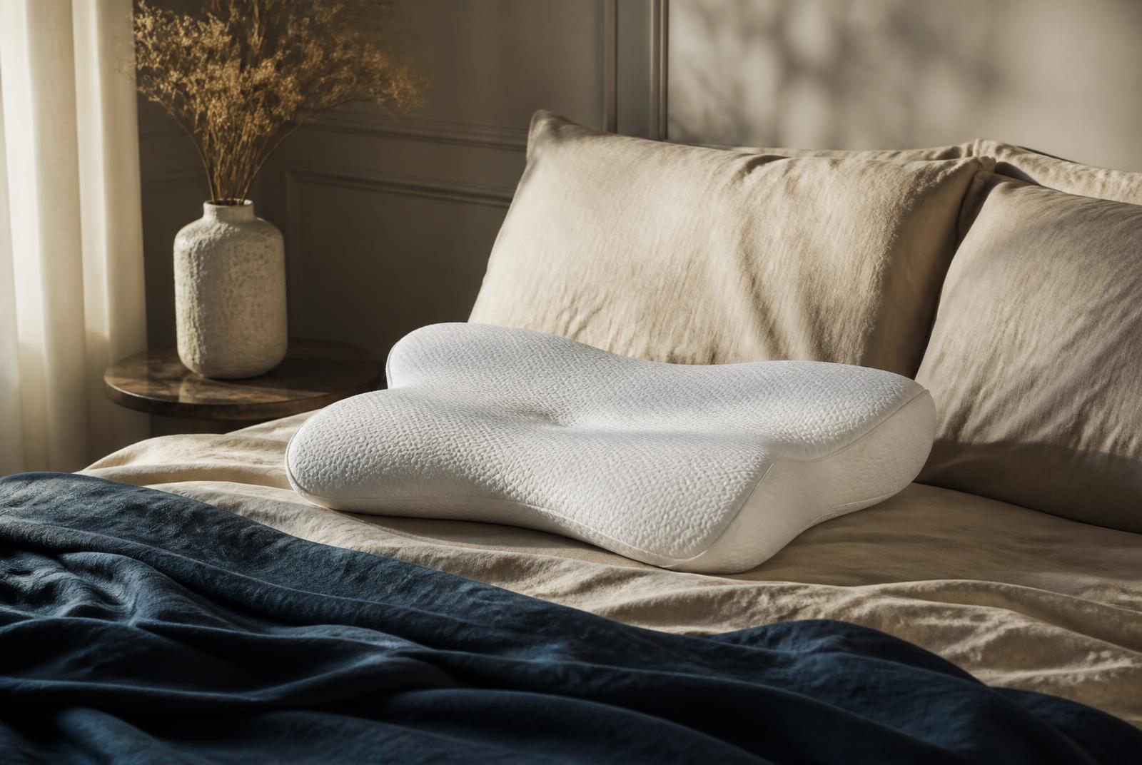 Oreiller ergonomique en mousse à mémoire de forme de forme papillon posé sur un lit en lin beige